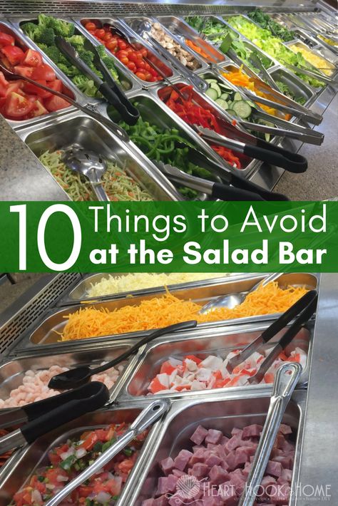 10 Things to Buy (and avoid) to Save Money at a Salad Bar Near You http://hearthookhome.com/ways-to-save-money-at-a-salad-bar-near-you/?utm_campaign=coschedule&utm_source=pinterest&utm_medium=Ashlea%20K%20-%20Heart%2C%20Hook%2C%20Home&utm_content=10%20Things%20to%20Buy%20%28and%20avoid%29%20to%20Save%20Money%20at%20a%20Salad%20Bar%20Near%20You Salad Bar Items List, Salad Bar Ideas Buffet Food Displays, At Home Salad Bar, Wedding Salad Bar, Salad Bar Ideas Buffet, Salad Bar Toppings, Home Salad Bar, Salad Bar At Home, Salad Bar Items