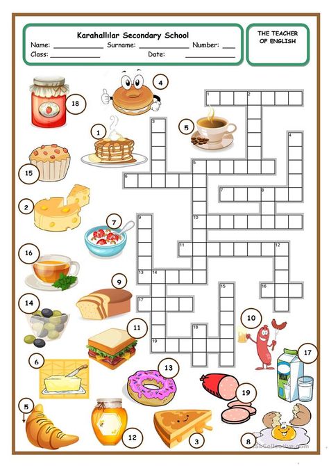 Food Crossword, Kids Crossword Puzzles, Puzzle Food, Food Vocabulary, English Teaching Resources, Activity Sheets For Kids, English Worksheets For Kids, English Activities, English Breakfast