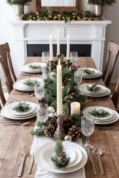 Bring cozy farmhouse charm to your Christmas table! From mason jar centerpieces to burlap runners, these rustic ideas combine comfort with style. Learn how to mix vintage elements with natural materials for that perfect country Christmas feel. #FarmhouseChristmas #RusticDecor #CountryChristmas Winter Forest Table Decor, Christmas Dinner Table Settings Rustic, Cottage Christmas Table, Rustic Christmas Table Settings, Farmhouse Christmas Table, Rustic Christmas Table, Christmas Dinner Table Settings, Rustic Farmhouse Christmas, Christmas Party Table