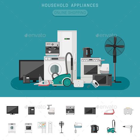 Household Appliances Home Appliances Illustration, Ebay Reinstatement, Retail Ideas, Smeg Appliances, Nail Logo, Business Card Design Creative, Appliances Online, Local Furniture, Flat Icons