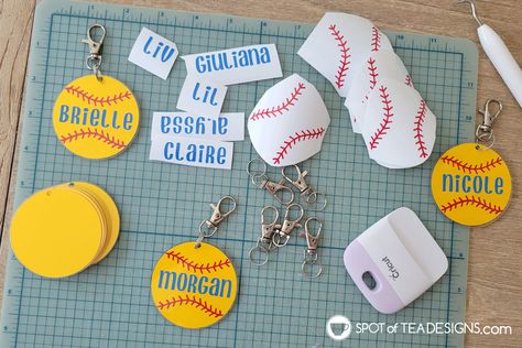 Softball Keychain Bag Tags - Spot of Tea Designs Softball Name Tags For Dugout, Acrylic Softball Keychain Diy, Diy Softball Bag Tags, Diy Softball Keychain, Softball Gift Bag Ideas, Softball Coaches Gifts, Softball Keychain, Softball Goodie Bags, Softball Cross