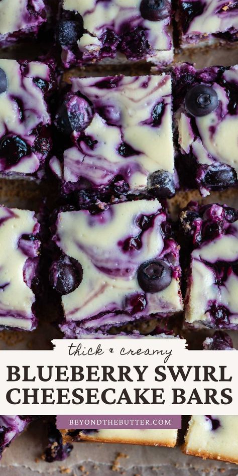 These Blueberry Swirl Cheesecake Bars are exceptionally thick and creamy with a homemade blueberry sauce and a buttery graham cracker crust! Enjoy them as a summer treat or any time of the year! Find the full recipe on BeyondtheButter.com. #cheesecakebars #blueberries Blueberry Swirl Cheesecake, Blueberry Desserts Recipes, Blueberry Cheesecake Bars, Blueberry Cheesecake Recipe, Swirl Cheesecake, Blueberry Sauce, Blueberry Desserts, Dessert Bar Recipe, Oreo Dessert