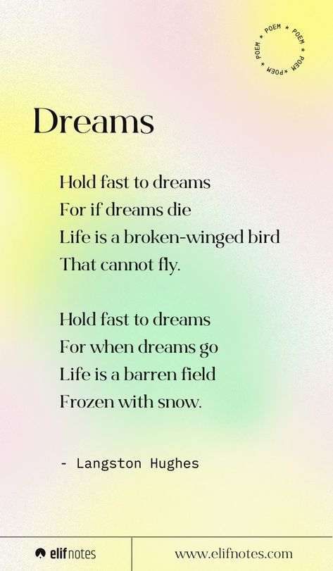 Poems About Students, English Poem For Magazine, Poems About Dreams Inspiration, Poem About Dreams In Life, Self Written Poems In English, Dreams Langston Hughes, Short Poem In English, Poems On Dreams, Poem With Author