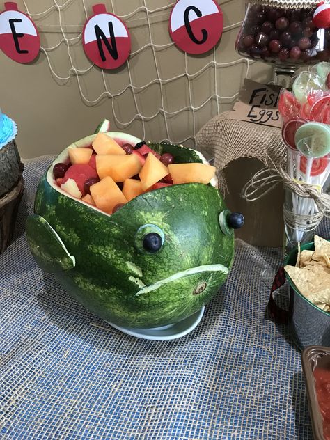 Fish fruit platter O Fish Ally One Birthday Decorations, O Fish Ally One Birthday, Fish Balloon, Meat Tray, Fishing Themed Birthday Party, Fish Party, Fishing Birthday Party, O Fish Ally, Boys First Birthday Party Ideas