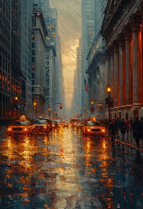 Surroundings Art, Rainy New York City Wallpaper, Rainy City Concept Art, New York City Rain Aesthetic, Raining City Painting, City In The Rain Painting, Umbrella Art, Cityscape Art, Dark Art Illustrations