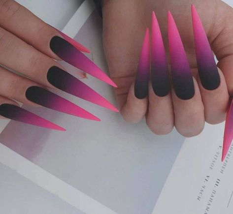 Black And Neon Ombre Nails, Stilleto Nails Pink And Black, Matte Stiletto Nails Design, Goth Nails Stiletto, Stiletto Nails Neon, Pink And Black Stiletto Nails, Neon Pink And Black Nails, Valentines Day Nails Almond, Stiletto Nails Pink