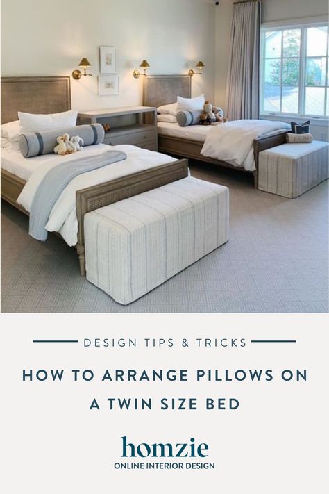 Twin Bed Seating, Twin Size Bedrooms, Upholstered Twin Beds, Twin Bed Throw Pillow Arrangement, Bedroom With 2 Full Size Beds, Twin Bed Bedroom Ideas For Adults, Guest Room Two Beds, Twin Beds In Front Of Windows, Twin Bed Pillow Arrangement Layout