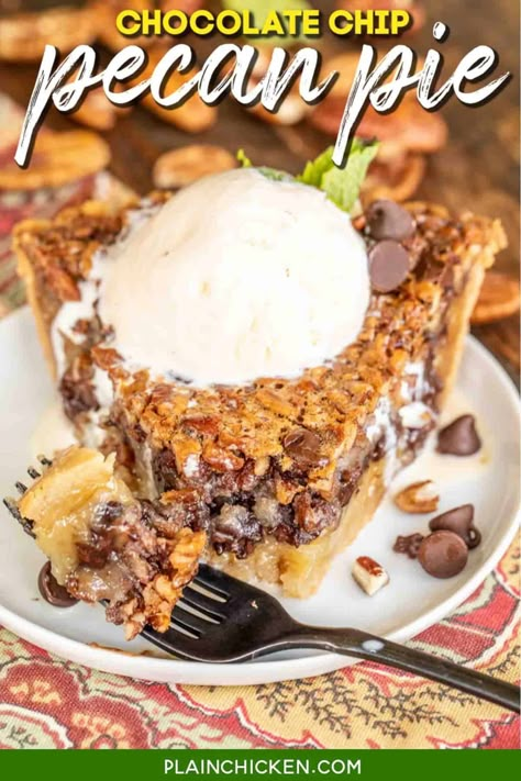 Easy Chocolate Chip Pecan Pie - a great make-ahead holiday dessert! This pie is next-level delicious. It reminded me of the pie at Cracker Barrel, only better! This pie is very easy to make and even easier to eat. Pie crust, eggs, sugar, corn syrup, vanilla, butter, chocolate chips, and pecans. Can make a day or two in advance. Top it with some vanilla ice cream and it is O-M-YUM! #pie #pecanpie #chocolate #pecan #dessert #thanksgiving #christmas Chocolate Chip Pecan Pie, Homemade Chocolate Pie, Dessert Thanksgiving, Chocolate Chip Pie, Pecan Pie Easy, Fun Thanksgiving Desserts, Thanksgiving Desserts Easy, Chocolate Pecan Pie, Plain Chicken