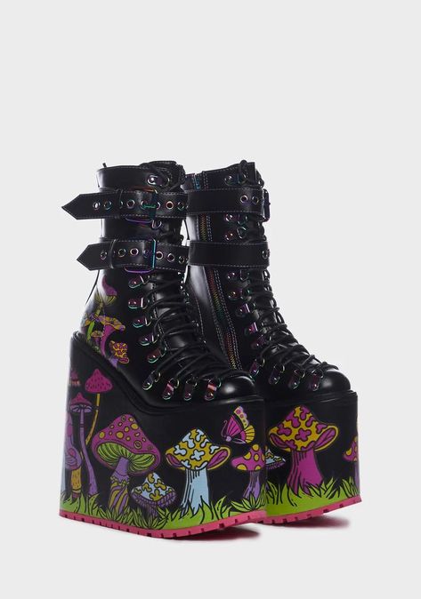 Current Mood Mushroom Print Double Stacked Platform Boots - Black/Multi – Dolls Kill 90s Platform Shoes, Goth Shoes, Mushroom Print, Lace Up Leggings, Sheath Dresses, Black Platform Boots, Alencon Lace, Boot Print, Swag Shoes