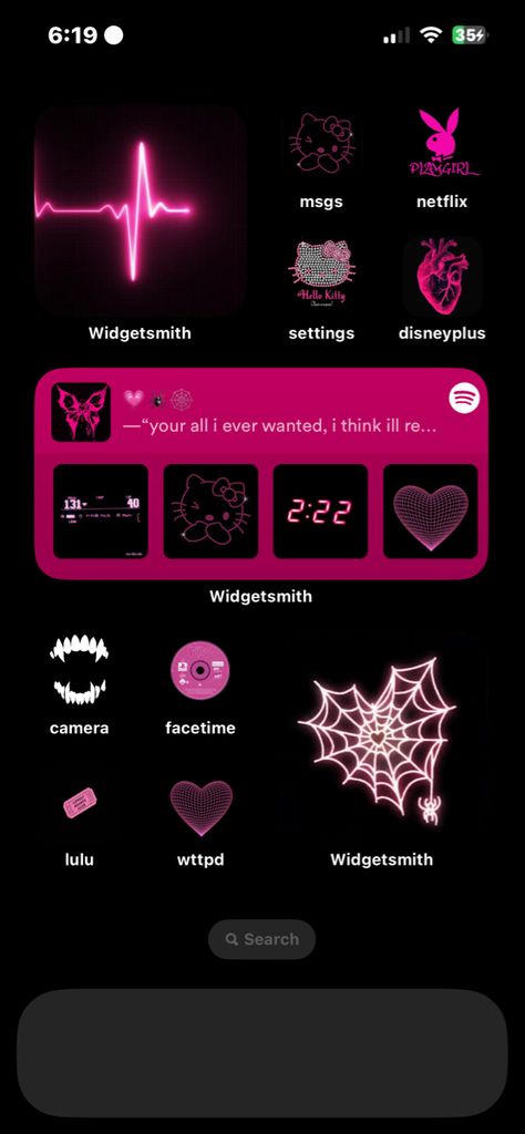 homescreen, hot pink, spider, hello kitty, ios theme Hot Pink Ios 16 Homescreen, Hot Pink Homescreen Layout, Hot Pink Phone Theme, Black And Pink Hello Kitty Wallpaper, Hot Pink Hello Kitty Wallpaper, Black And Pink Phone Theme, Pink And Black Phone Theme, Black And Hot Pink Wallpaper, Hot Pink Widgets