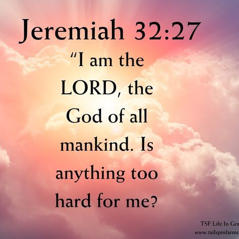 Start Your Day Right Devotion IS ANYTHING TOO HARD FOR ME? ​JEREMIAH 32:27 With the Babylonians about to breach, or break, the city walls, the future looked bleak...Continue Reading. https://www.tailspinfarms.com/life-in-grace/is-anything-too-hard-for-me-jeremiah-3227#/ #tailspinfarmslifeingrace #jeremiah32v27 #jeremiah #is #anything #too #hard #for #me #continuereading #dailydevotion #share Jeremiah 32:27, Life In Grace, Jeremiah 32, Faith Is The Substance, Taste And See, The Lord Is Good, Daily Scripture, Names Of God, Thank You Lord