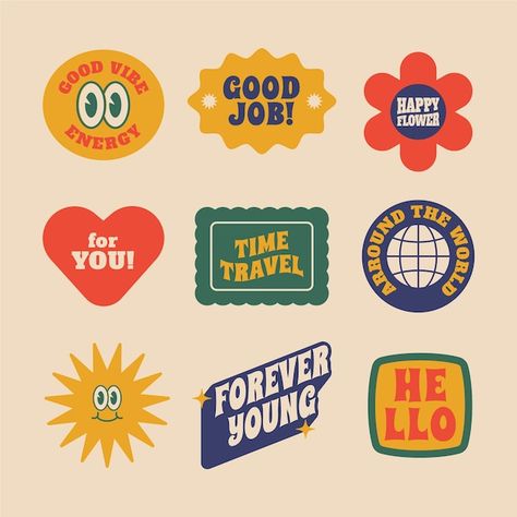 Retro Patch Design, Retro Label Design, Vintage Sticker Design, Hippie Lettering, Sticker Graphic Design, Retro Icons, 90s Graphic Design, Badges Design, T Shirt Vector