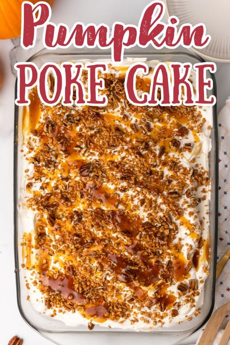 Pumpkin Poke Cake – The easiest fall cake recipe! Made with yellow boxed cake mix and pumpkin puree that is prepared and then holes are poked into it that are filled with sweetened condensed milk and all of your favorite toppings. This cake is easy to make and each bite tastes like fall! Pumpkin Cake Recipes | Poke Cake Recipes | Pumpkin Desserts | Fall Baking | Thanksgiving Desserts #pumpkin #cake #thanksgiving #fall Cake Recipes Pumpkin, Cake Mix And Pumpkin Puree, Fall Pumpkin Cake, Thanksgiving Desserts Pumpkin, Pumpkin Cake Mix, Pumpkin Poke Cake, Yellow Cake Mix Recipes, Pumpkin Dump Cake Recipe, Sweetened Condensed Milk Recipes