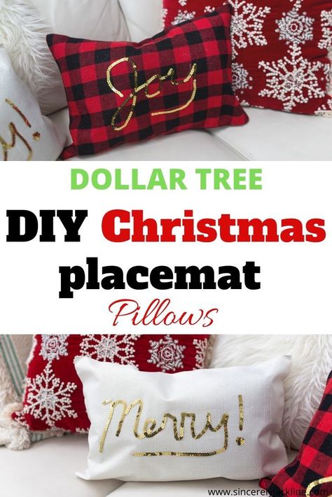 Christmas pillows DIY Ideas | DIY Dollar Tree Christmas crafts | DIY Christmas crafts | Christmas decor ideas for the home | Christmas decor ideas diy | DIY Christmas placemat pillows using a majority of Dollar Tree supplies including these adorable placemats. #Christmasdiy #christmasdecordiy Dollar Store Christmas Crafts Diy, Pillows Diy Ideas, Diy Dollar Tree Christmas Crafts, Dollar Tree Home Decor Ideas, Dollar Tree Christmas Crafts Diy, Placemat Tutorial, Dollar Tree Christmas Crafts, Dollar Tree Home Decor, Home Christmas Decor Ideas