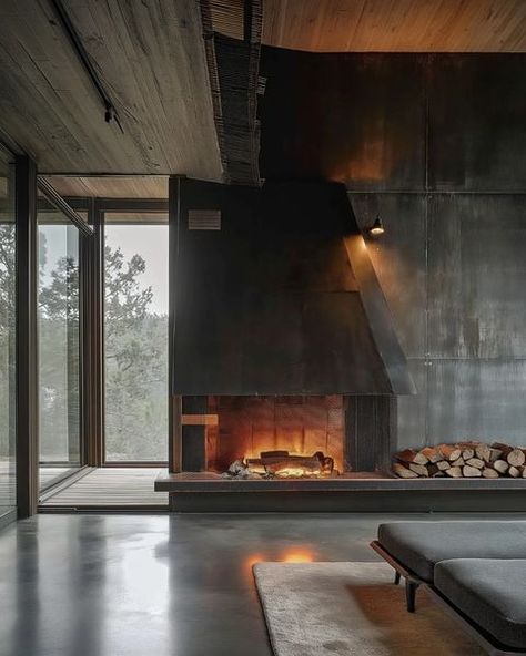 midjourney architect | blackened steel fireplace concepts #imagine #midjourneyarchitect #midjourneydesign #midjourney #aiarchitecture… | Instagram Blackened Steel Fireplace, Industrial Fireplace, Australian Country Houses, Woods House, Redmond Washington, Steel Fireplace, Australian Country, Chalet Design, Material Board