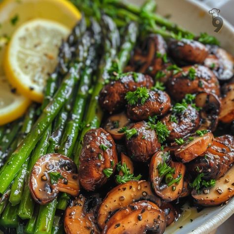 Slow Cooker Butter Garlic Asparagus and Mushrooms 4 Crockpot Asparagus Recipes, Mushroom Asparagus Recipes, Asparagus Crockpot, Slow Cooker Asparagus, Crock Pot Mushrooms, Roasted Asparagus And Mushrooms, Crockpot Mushrooms, Mushroom Slow Cooker, Roasted Potatoes And Onions