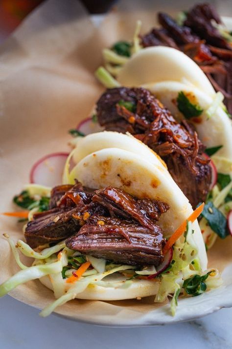 Sticky, Spicy Soy & Ginger Boneless Short Rib Bao Buns - Rustic Joyful Food Short Rib Sandwich, Steam Buns, Boneless Short Ribs, Boneless Ribs, Asian Grocery Store, Short Ribs Recipe, 41st Birthday, Bao Buns, Short Rib