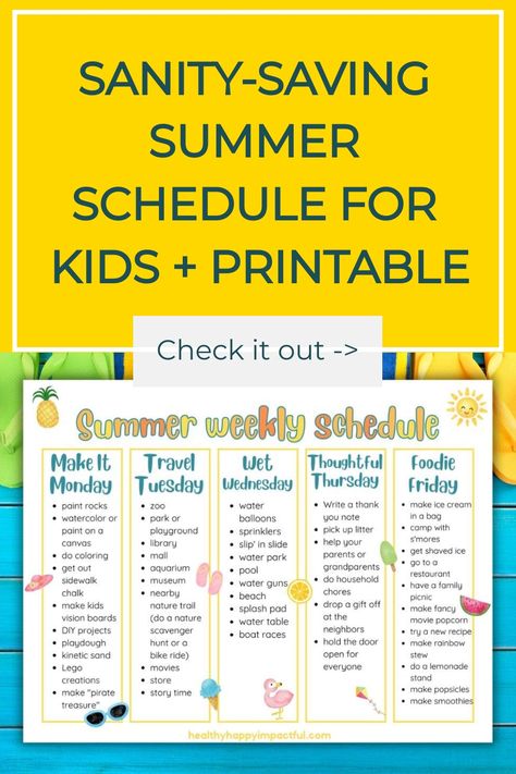 Colorful summer activity schedule for kids featuring themed days like Make It Monday and Wet Wednesday with a checklist of tasks and fun ideas. Kids Summer Schedule Printable, Summer Schedule Ideas, Summer Break Routine For Kids, Elementary Kids Summer Schedule, Kids Summer Activities Outdoor, Summer Daily Checklist For Kids, Summer Schedule For Kids, Kids Summer Schedule, Sample Kids Summer Schedule