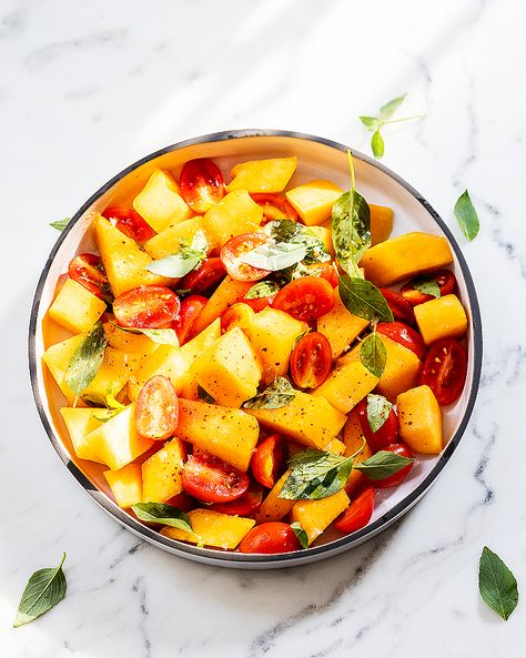 Cantaloupe and Basil Salad Radicchio Recipes, Cantaloupe Salad, Panzanella Recipe, Basil Salad, Celery Recipes, Chickpea Curry Recipe, Tried And True Recipes, Summer Side Dish, Summer Foods