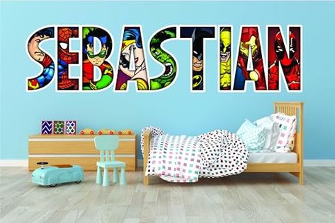 Super Hero Name, Superhero Wall Stickers, Superhero Wall Decals, Brick Wall Decor, Bedroom Stickers, Vinyl Room, Wall Mural Decals, Superhero Wall, Vinyl Decoration