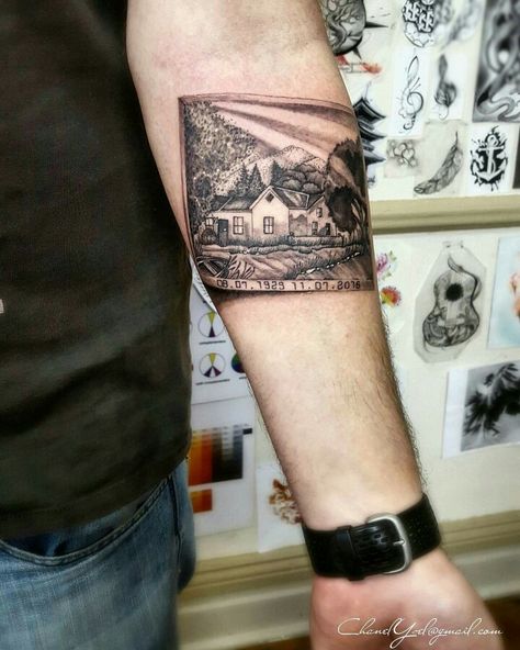 Tattoo Landscape Nature Mountain river cottage polaroid Tattoo done by Chanel Ysel Hoodoo Tattoos Polaroid Picture Tattoo, Polaroid Tattoo Ideas, Cottage Tattoo, Goonies Tattoo, Tattoo Landscape, Polaroid Tattoo, Little Cottage House, Scenery Tattoo, House Tattoo