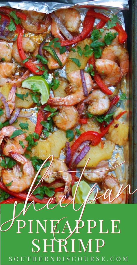 Sometimes our busy lives need deliciously quick and easy recipes like this Sheet Pan Pineapple Shrimp. A little sweet, a little spicy, this dish is the perfect balance of tender shrimp, bright pineapple, red bell pepper, fresh jalapenos and savory jerk seasoning. Roasted to perfection and ready to serve in less than 30 minutes! Shrimp Bell Pepper, Shrimp And Bell Peppers Recipes, Pineapple And Shrimp Recipes, Shrimp Pineapple Recipes, Pineapple Shrimp Tacos, Shrimp And Pineapple Recipes, Red Bell Pepper Recipes, Pineapple Shrimp, Southern Cooking Recipes