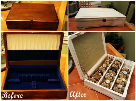 Repurpose silverware box into watch box! Repurpose Silverware, Clock Makeover, Upcycle Jewelry Box, Upcycle Jewelry, Silverware Storage, Flatware Box, Flatware Chest, Interesting Crafts, Recycled Silverware