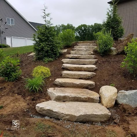 Granite Steps | Natural Stone Steps | Quarry Steps Outdoor Stone Steps, Natural Stone Steps, Flagstone Steps, Lake Landscaping, Landscape Stairs, Landscape Steps, Stone Landscaping, Stone Steps, Natural Stone Veneer