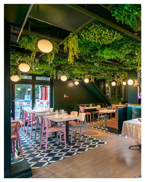 Gantry ceiling system made from expanded metal mesh with an olive green powder coat. Plants were inserted into the holes to create a ceiling from foliage. Black Ceiling Cafe Interiors, Plant Restaurant, Cafe Ceiling Design Ideas, Open Ceiling Cafe Design, Green Ceiling Design, Open Ceiling Ideas, Plants Ceiling, Mesh Ceiling Design Interiors, Open Cafe Design