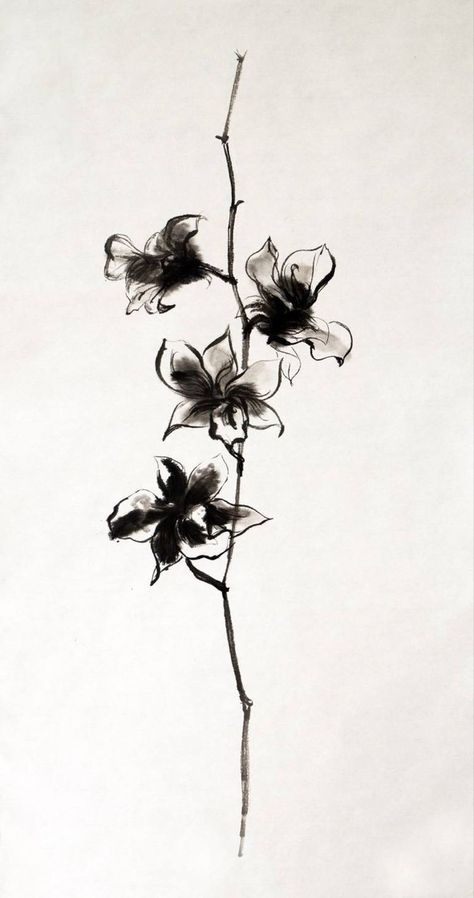 Chinese Ink Painting Tattoo, Ink Art Japanese, Watercolour Tattoo Black And White, Drawing Ink Painting, Chinese Floral Painting, Chinese Calligraphy Painting, Calligraphy Ink Art, Japanese Orchid Drawing, Asian Ink Art