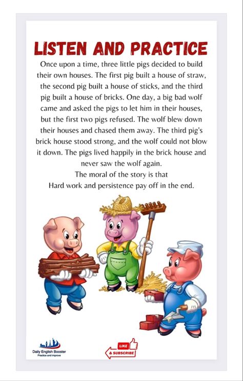 The Three little Pigs English short moral story - YouTube. Story For Kids Short In English, Short Moral Stories In English, Story Telling Ideas, Short Stories With Moral Lessons, Story Telling For Kids, Short Story With Moral, Short Story English, Short Story Ideas, Short Story For Kids