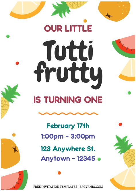 Free (Free Editable PDF) Fun Tutti Frutti Birthday Invitation Templates #free #freeinvitation2019 #birthday #disney #invitations #invitationtemplates Twotti Fruity, Tutti Frutti Birthday Party, Tutti Frutti Party, Neutral Birthday, Gender Neutral Invitations, Fruit Birthday Party, Watermelon Birthday Parties, Fruit Birthday, Fun Party Themes