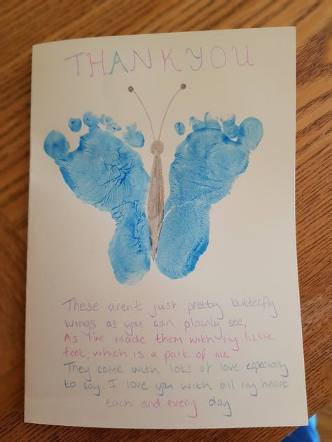 Footprint Butterfly Thankyou Card Footprint Thank You Cards, Butterfly Footprint Art, Footprint Butterfly, Butterfly Footprints, You Give Me Butterflies, Baby Art Projects, Fundraiser Ideas, Footprint Art, Toddler Play