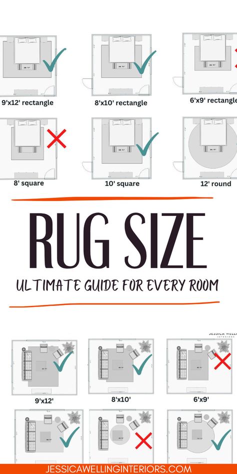 Complete guide to standard rug sizes for living rooms, dining rooms, entryways, bedrooms, home offices, hallways, kitchens, and more! Dining Room Rug Size Guide, Rugs In Bathroom, Rug Size Guide Living Room, Rugs Under Dining Table, Dining Room Rug Size, Standard Rug Sizes, Rug Sizes, Rug Size Guide, Home Offices