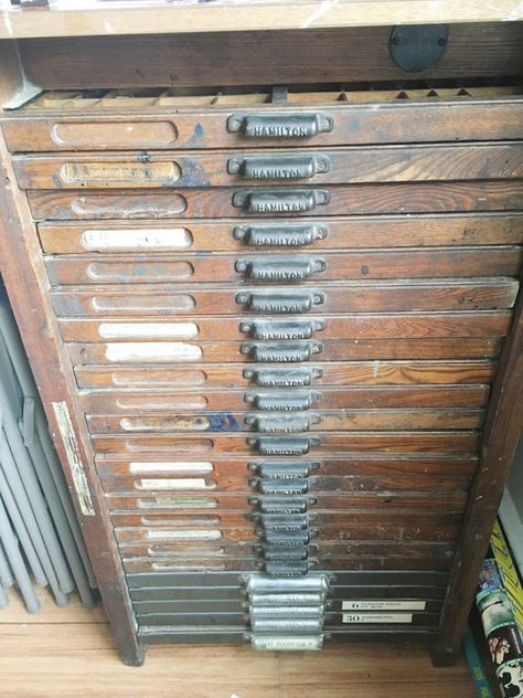 Repurposing a Letterpress Cabinet : 4 Steps (with Pictures) - Instructables Letterpress Drawer Ideas, Letter Press Drawer Ideas, Letterpress Drawer Decor, Rock Storage, Diy Letterpress Drawer, Antique Printers Drawer, Letterpress Cabinet, Letterpress Tray, Vintage Letter Press Drawer