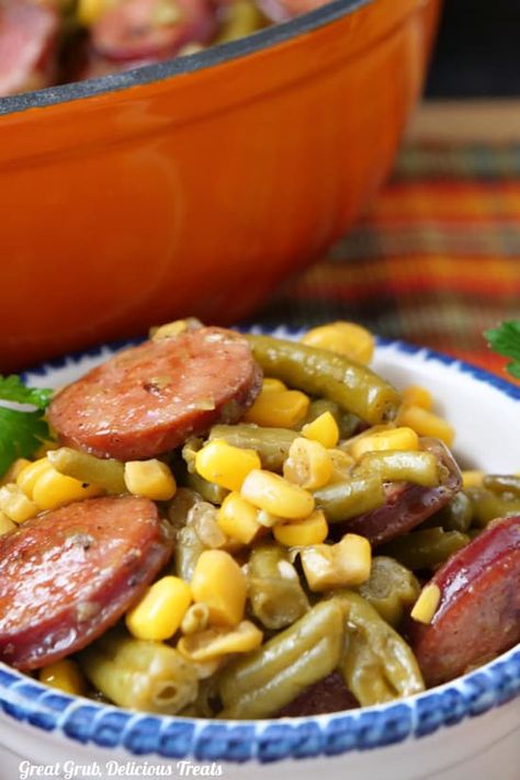 Green Beans And Sausage, Stove Top Green Beans, Easy Baked Dinner, Green Beans And Corn, Sausage Green Beans, Smoked Sausage Recipe, Smoked Sausage And Potato Recipe, Sausage And Green Beans, Andouille Sausage Recipes