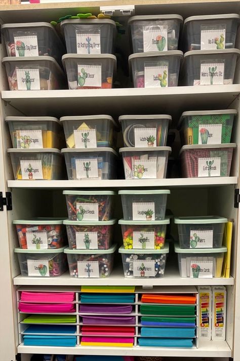 Every year it is a battle to keep my storage closet nice and neat for myself and students to use. I love having classroom supplies for all students so everyone has the same opportunities to create something amazing. This is when I created my system with the bins and organizers for students and myself. #teacherstorage #teacherorganization #classroomsupplies #teaching #teacherhack #teacherstoragehack #organizedteacher Teacher Storage Organization, Teacher Supplies Organization, Student Desk Organization, Classroom Art Supplies, Classroom Supplies Organization, Teacher Storage, Kindergarten Organization, Student Storage, Math Classroom Decorations