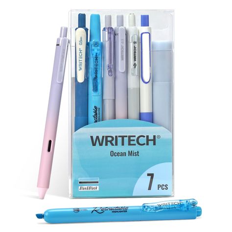 WRITECH Gel Pens Journaling Highlighters: Journal Set Aesthetic Assorted Pastel Color Ink 0.5mm Fine Point Retractable 0.7mm Black Pen Smooth Writing Drawing No Bleed 7ct (Blue) Journaling Set, Set Aesthetic, Journaling Kit, Writing Games, Student Teacher Gifts, Cozy Den, Journal Set, Blue Office, Journaling Kits