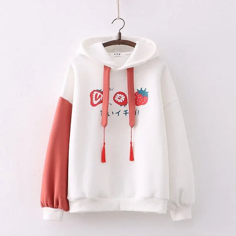 Strawberry Hoodie, Pastel Hoodie, Kawaii Hoodies, Korean Fashion Winter, Winter Wardrobe Essentials, Parcel Delivery, Strawberry Print, Customs Clearance, White Hoodie