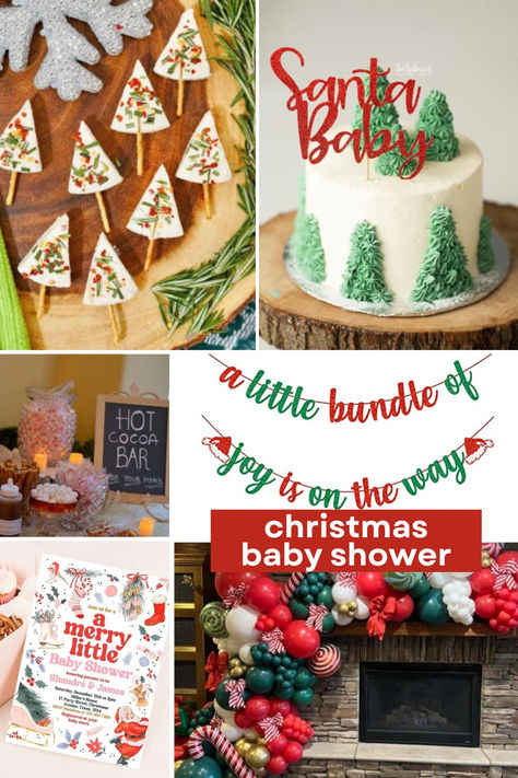 A festive collage of Christmas baby shower ideas, including a "Santa Baby" cake, holiday invitations, a hot cocoa bar, Christmas-themed treats, and a balloon garland. These decorations and food ideas create the perfect holiday atmosphere for a Christmas baby shower in December. Christmas Baby Shower Food, Baby Shower Ideas Christmas, Christmas Baby Shower Ideas, Boy Baby Shower Food, Interactive Gifts, Girl Baby Shower Ideas, Joy Baby, Baby Boy Christmas, Christmas Sprinkles