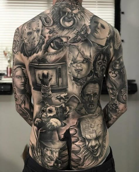 Horror Throat Tattoo, Skull Themed Tattoo Sleeve, Cool Scary Tattoos, Movie Character Tattoos, Coverup Ideas, Horror Tattoos, Backpiece Tattoo, Horror Movie Tattoos, Tattoo 2024