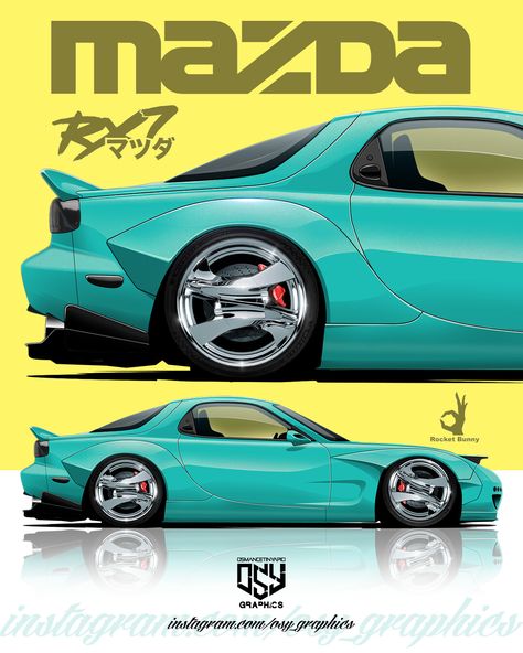 Mazda RX7 FD Rocket Bunny by osygraphics,  on ArtStation at https://www.artstation.com/artwork/6NYx4V Aesthetic Jdm, Mazda Rx7 Fd, Rx7 Fd, Rocket Bunny, Racing Car Design, Car Designs, Street Racing Cars, Rx 7, Mazda Rx7