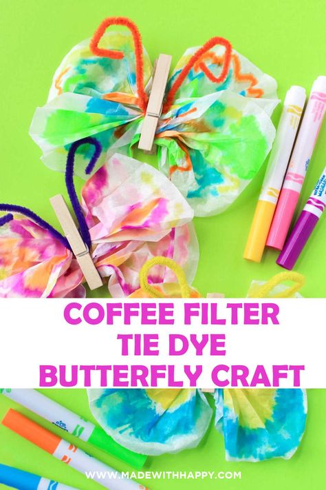 Easy Tie Dye Coffee Filter Butterfly Craft For Kids Spring Activities For Preschoolers, Butterflies Activities, Butterfly Craft, Coffee Filter Crafts, Name Crafts, Tie Dye Crafts, Activities For Preschoolers, How To Tie Dye, Spring Crafts For Kids