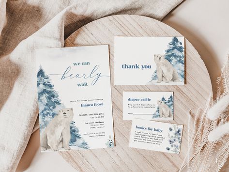 We can bearly wait arctic edition ️ Planning a polar bear baby shower? Our DIY winter we can bearly wait baby shower invitation bundle templates are the perfect way to celebrate the new baby on the way with a polar bear themed baby shower. Perfect for a baby shower for a boy or girl, this polar bear bearly wait baby shower invite suite is the perfect choice for a winter baby shower. The BIANCA polar bear we can bearly wait baby shower invitation bundle includes an editable 5x7 baby shower invita Polar Bear Baby Shower Theme, Baby Shower For A Boy, Polar Bear Baby Shower, January Baby, Invite Suite, We Can Bearly Wait, Diy Winter, Bearly Wait, Bear Bear