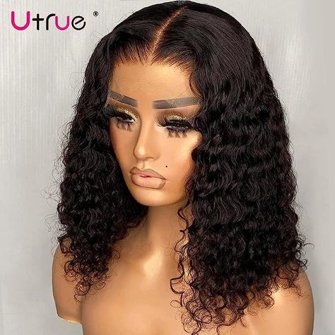 Virgin Hair Kinky Curly Wave Pre Plucked Lace Front Wigs With Baby Hair 150% Density Lace Wigs Deepwave Wig, Kort Bob, Curly Bob Wigs, Bob Lace Front Wigs, Human Hair Color, Human Wigs, Curly Human Hair Wig, Short Bob Wigs, Lace Closure Wig