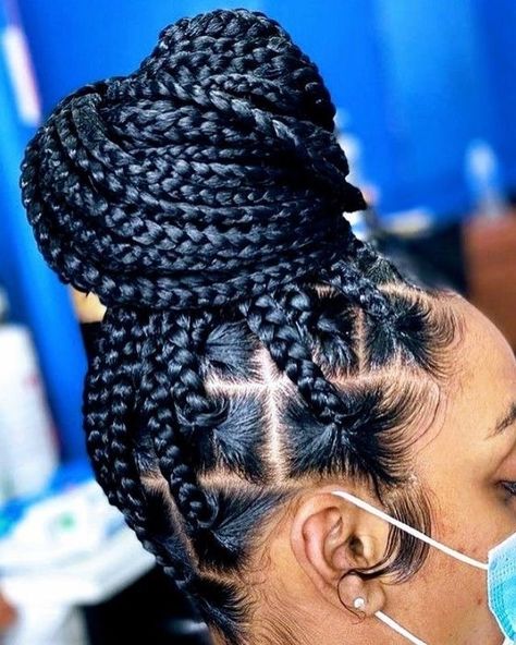 Big Box Braids Hairstyles Updo, Box Braids For Black Women Medium, Braid Buns Hairstyles For Black Women, Four Braids Hairstyles Black Women, Cool Cornrows For Black Women, 2023 Knotless Braid Styles, Medium Braid Styles For Black Women, Hair Braid Ideas Black, Jumbo Box Braids In A Bun