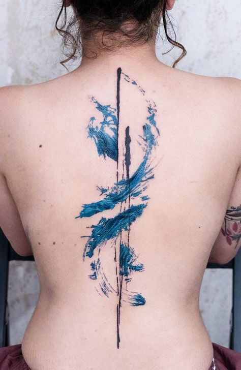 Tattoo Of Water, Asymmetrical Spine Tattoo, Spinal Tattoo Ideas Female, Spine Art Tattoo, Best Spine Tattoos For Women, Elements Spine Tattoo, Water Design Tattoo, Viking Spine Tattoos For Women, Water Tatoos Ideas