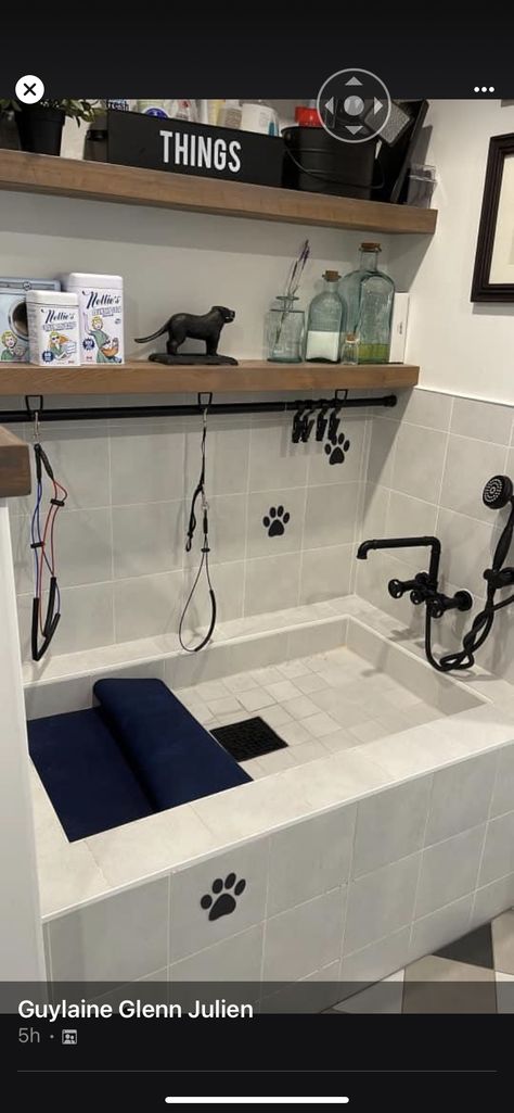 Shower With Dog Wash Station, Pet Washing Station Laundry Rooms, Laundry Room With Dog Washing Station, Guest Bathroom Sinks, Dog Bathing Station, Diy Dog Wash, Dog Tub, Narrow Laundry Room, Pet Washing Station