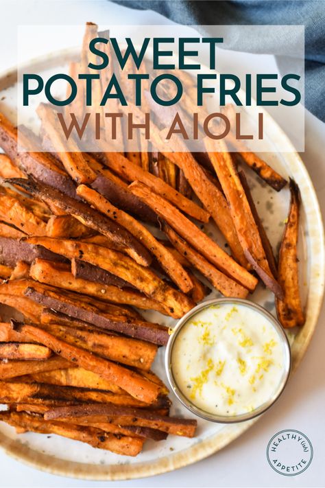 Dipping Sauce For Sweet Potato Fries, Side Dish For Burgers, Sweet Potato Fries Dipping Sauce, Oven Roasted Fries, Mediterranean Sweet Potatoes, Yam Fries, Creamy Dipping Sauce, Homemade Aioli, Sweet Potato Recipes Fries