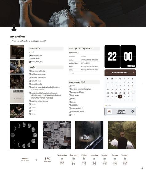 Notion Inspiration Aesthetic, Notion Inspo Aesthetic, Notion Template Ideas Aesthetic Dark, Dark Academia Notion Template, Notion Dark Mode, Dark Academia Notion, Student Planner Organization, Notion Board, Notion Inspo